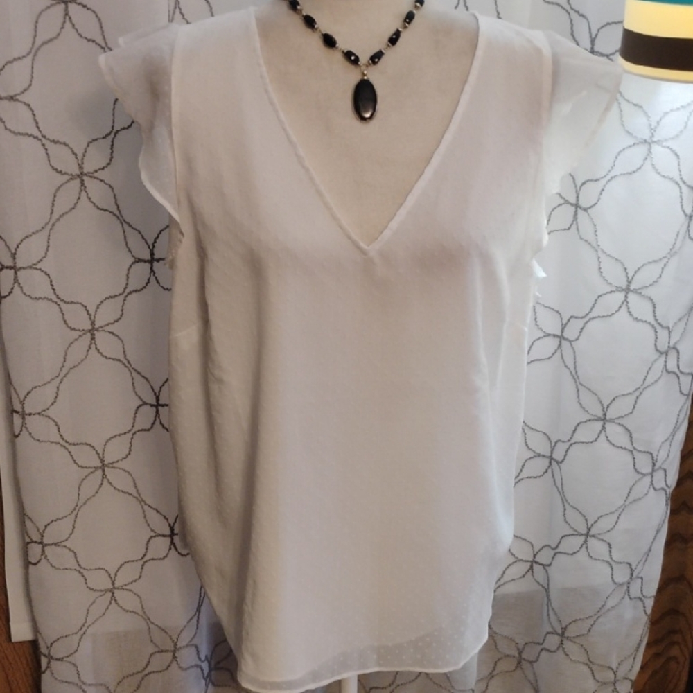 White House Black Market White V-Neck Flutter Sleeve Camisole